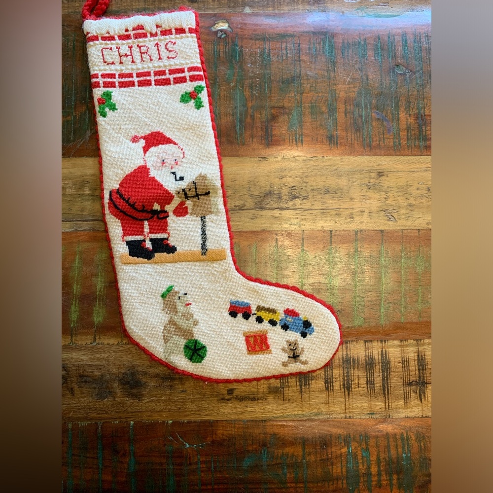 Vintage Christmas Stocking Cross stitch Santa Chris Christopher 70s clearance